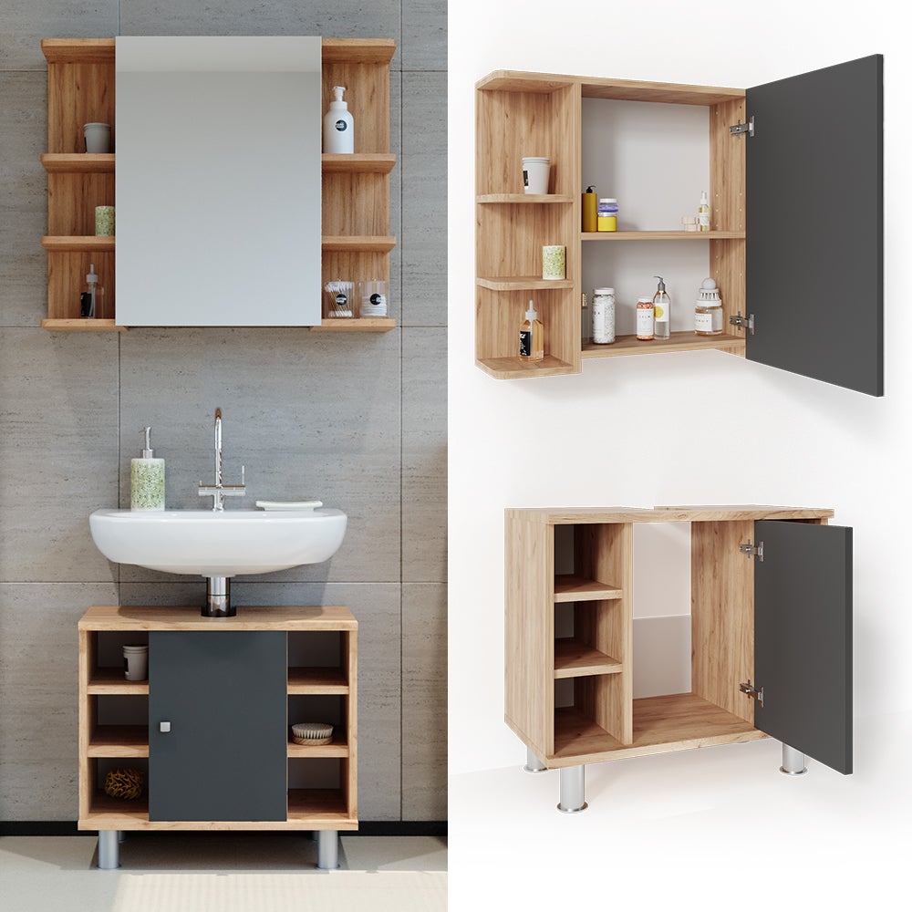 Set Mobili Bagno Marelle Vicco - 3 Parti Bianco/Rovere Con Colonna E Specchio - Foto 12