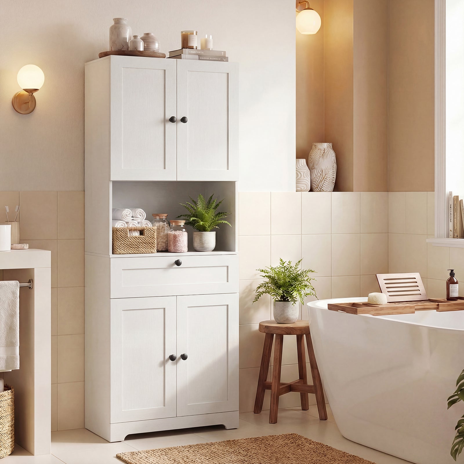 Mobiletto da Bagno Alto 171,5 CM, Armadietto da Terra con 4 Ante e 1 Cassetto, Vano Aperto, Ripiani Regolabili, Organizer Moderno in Legno per Bagno - 2