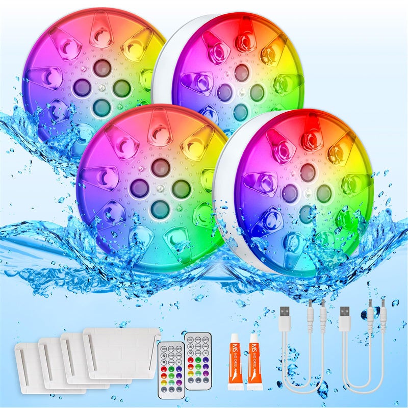 Zestaw 4 ładowanych zanurzalnych lamp basenowych LED z pilotem, wodoodporne oświetlenie dekoracyjne IP68 do basenów naziemnych i podziemnych.