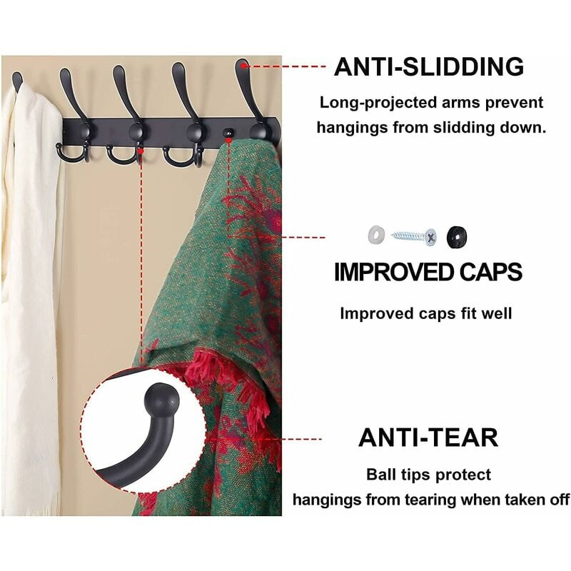 Porte manteau mural, 5 patères inox, patères salle de bain, salon - 40 cm, noir - 5