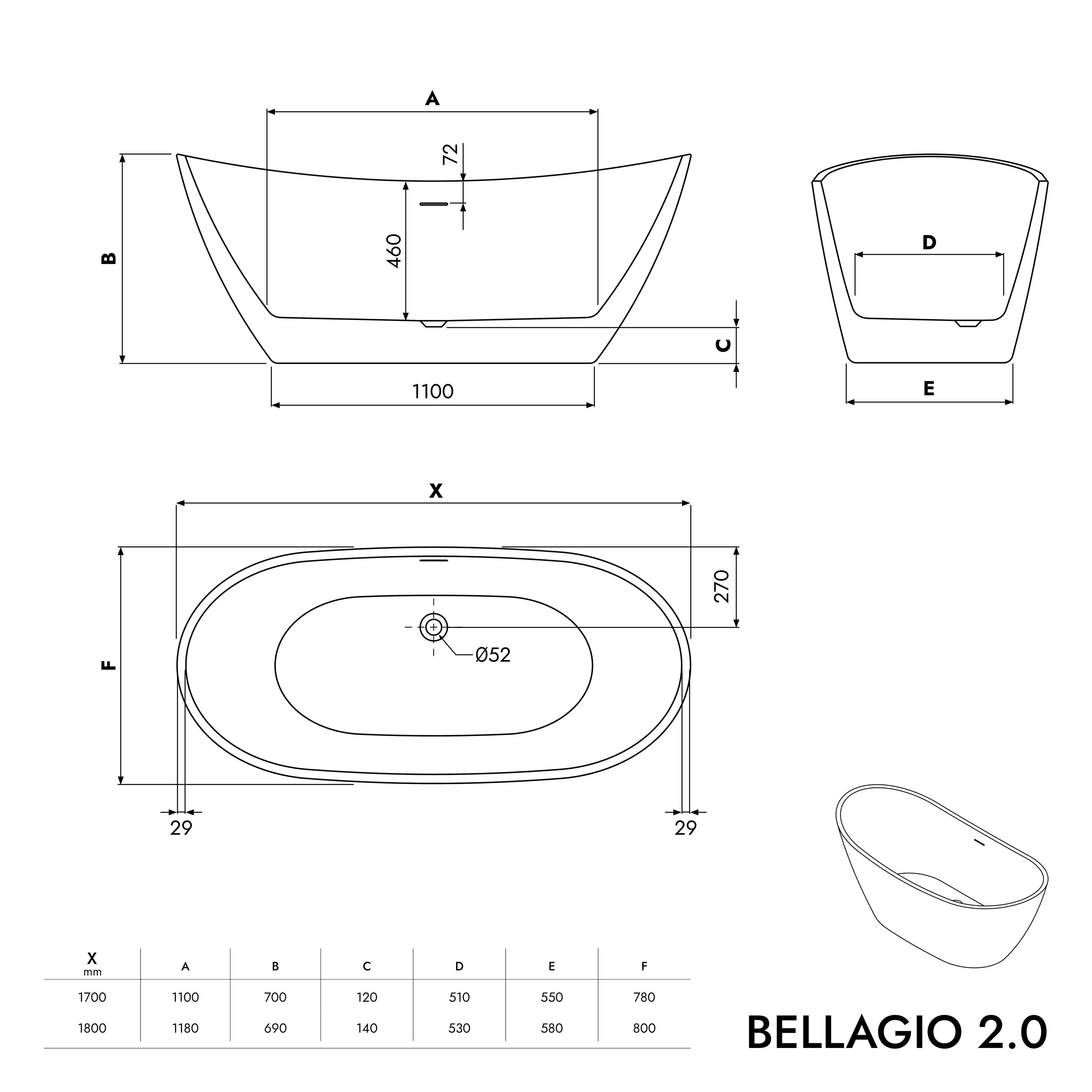 BERNSTEIN - Bañera independiente ovalada de acrílico 170x78x69cm + desagüe y rebosadero - Blanco brillo - BELLAGIO 2.0 - 5