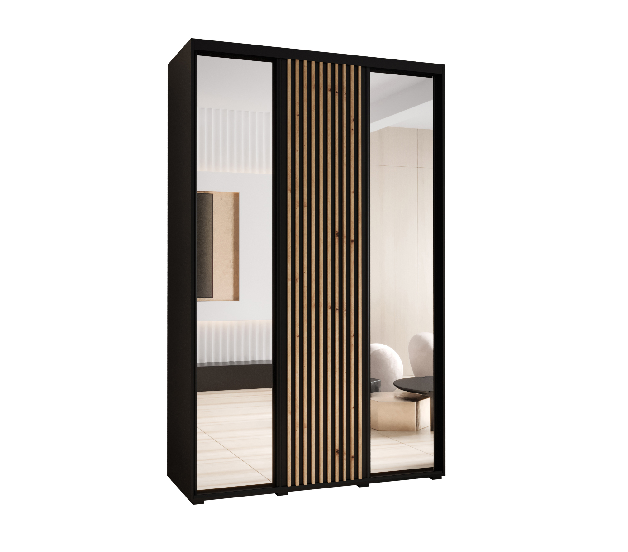 Szafa przesuwna z lustrem wysoka Lanko 2 160 x 60 x 235,2 cm czarny + czarny + lamele artisan - Abiks Meble
