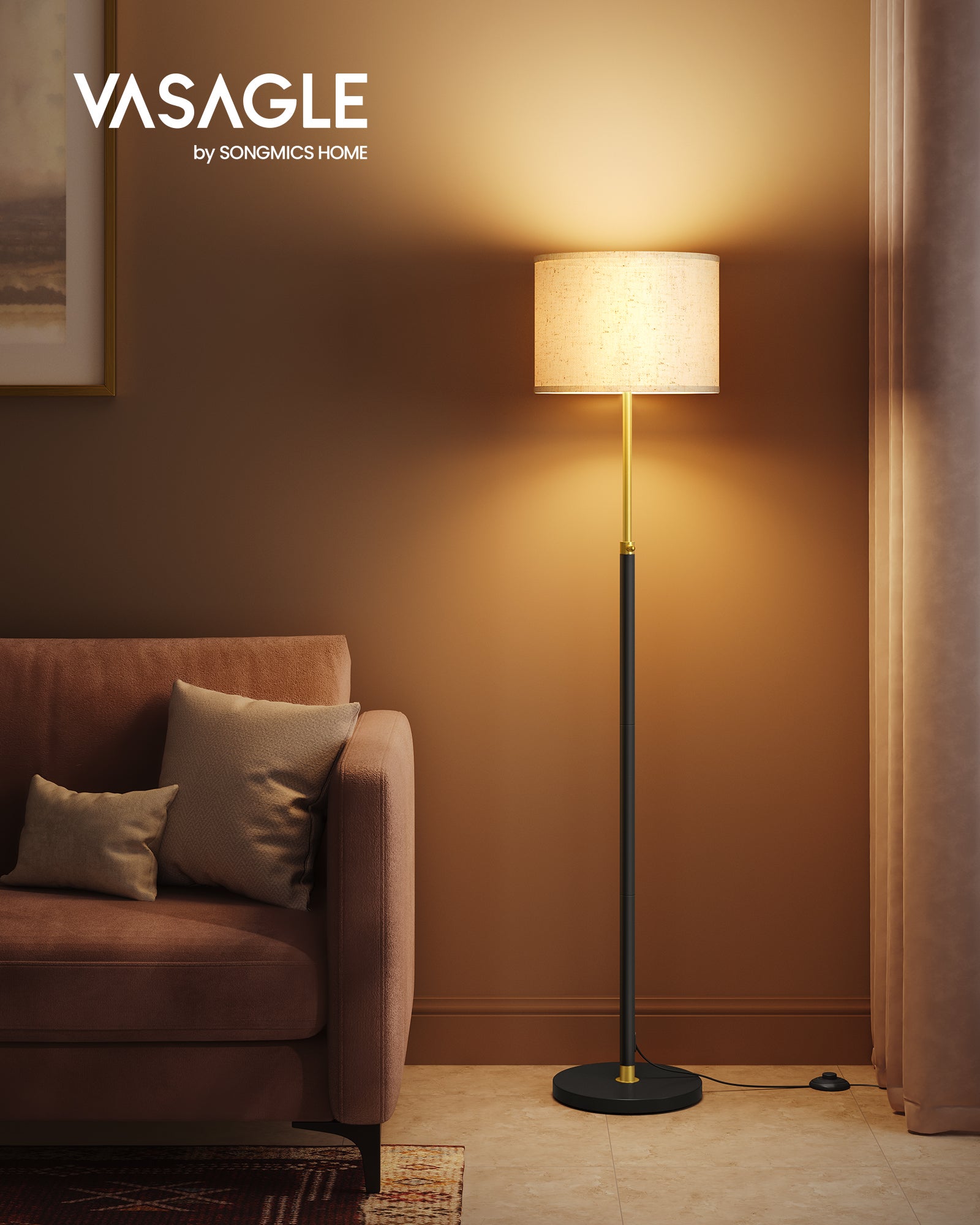 VASAGLE Lampe sur Pied, Hauteur Réglable de 140 à 170 cm, Abat-Jour en Tissu, Douille E27, Doré et Noir - 2