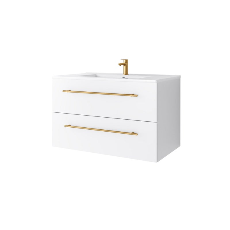 Zestaw szafka łazienkowa z umywalką ceramiczną Uptrend NAVA 80, 0D2S Biały Mat - uchwyt złoto 1 kpl.