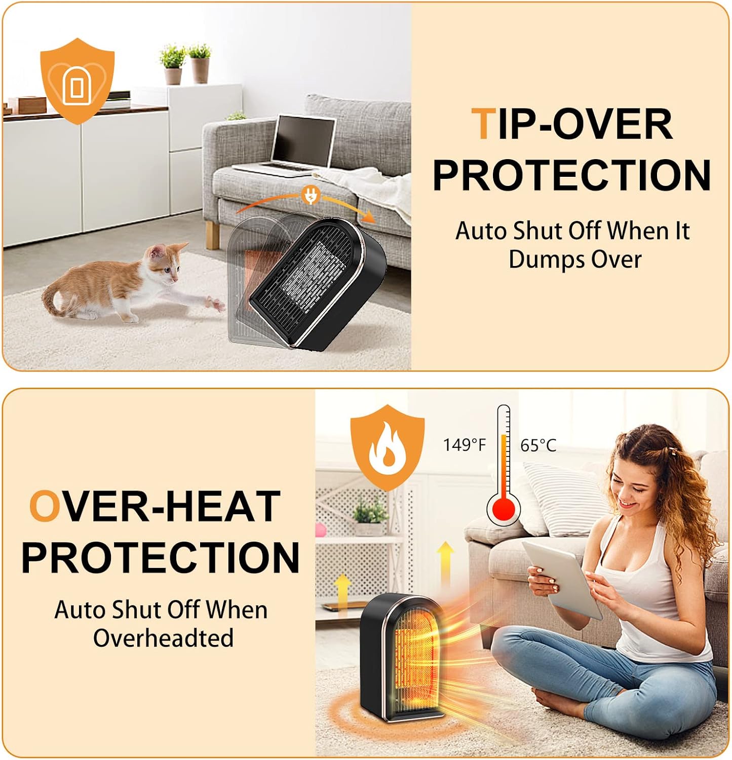 Calefactor eléctrico con ventilador, calefactores cerámicos PTC para el hogar, calefactor portátil silencioso de bajo consumo de 1200 W, calentamient - 4