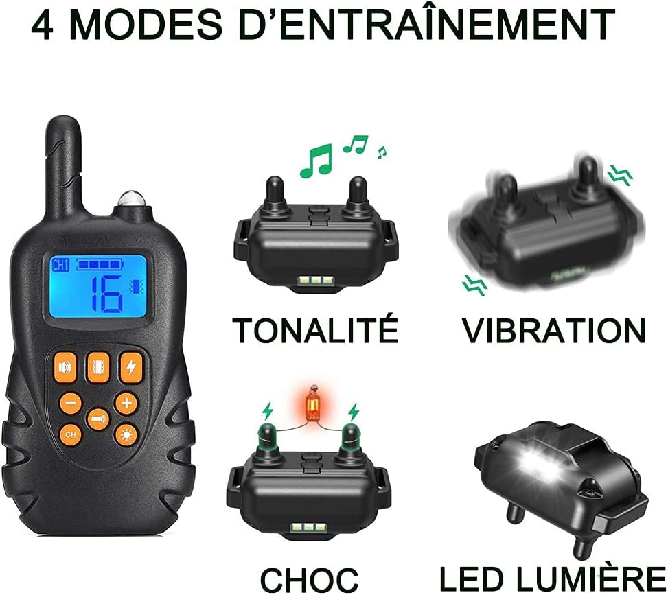 Collar eléctrico de adiestramiento para perros, antiladridos con receptor, resistente al agua hasta 800 m, IPX67, 4 modos: tono, vibración, descarga y - 2