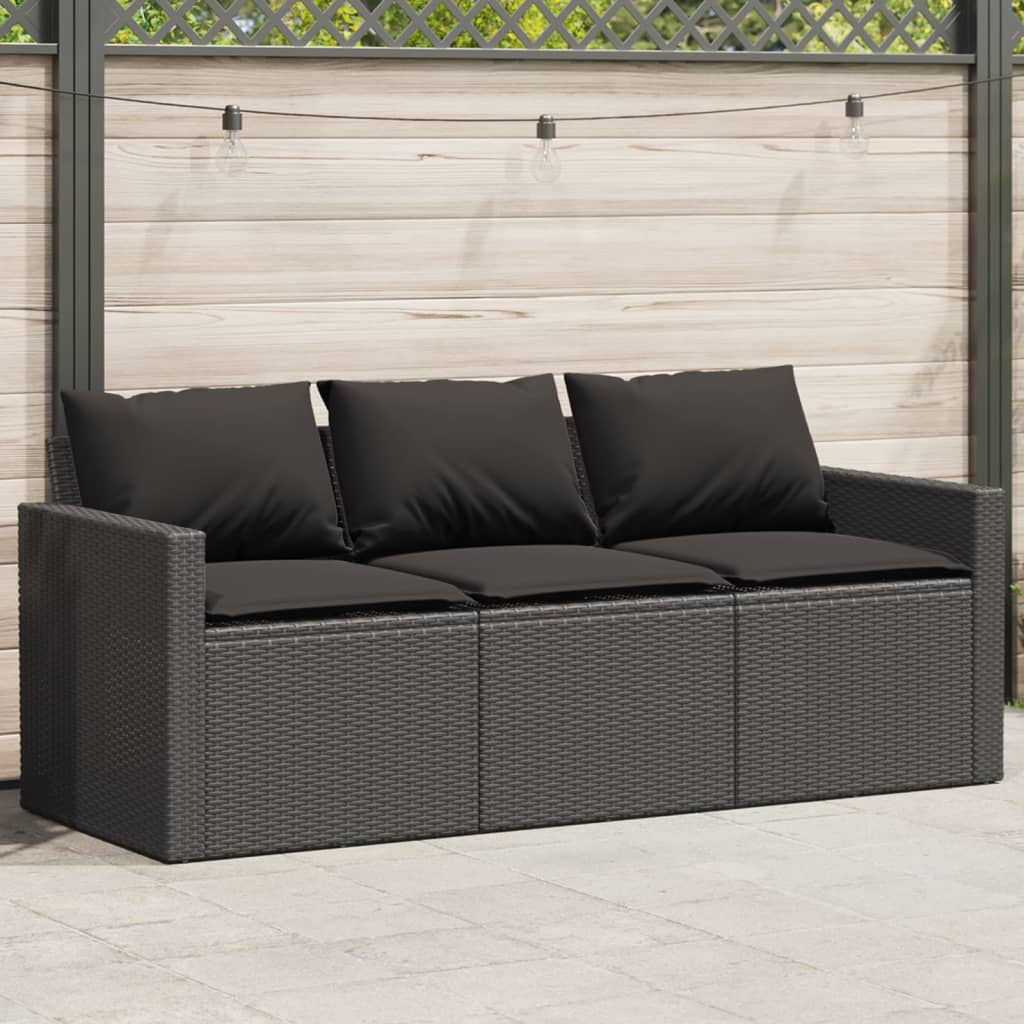 Sofa ogrodowa z poduszkami, 3-osobowa, czarna, polirattan vidaXL