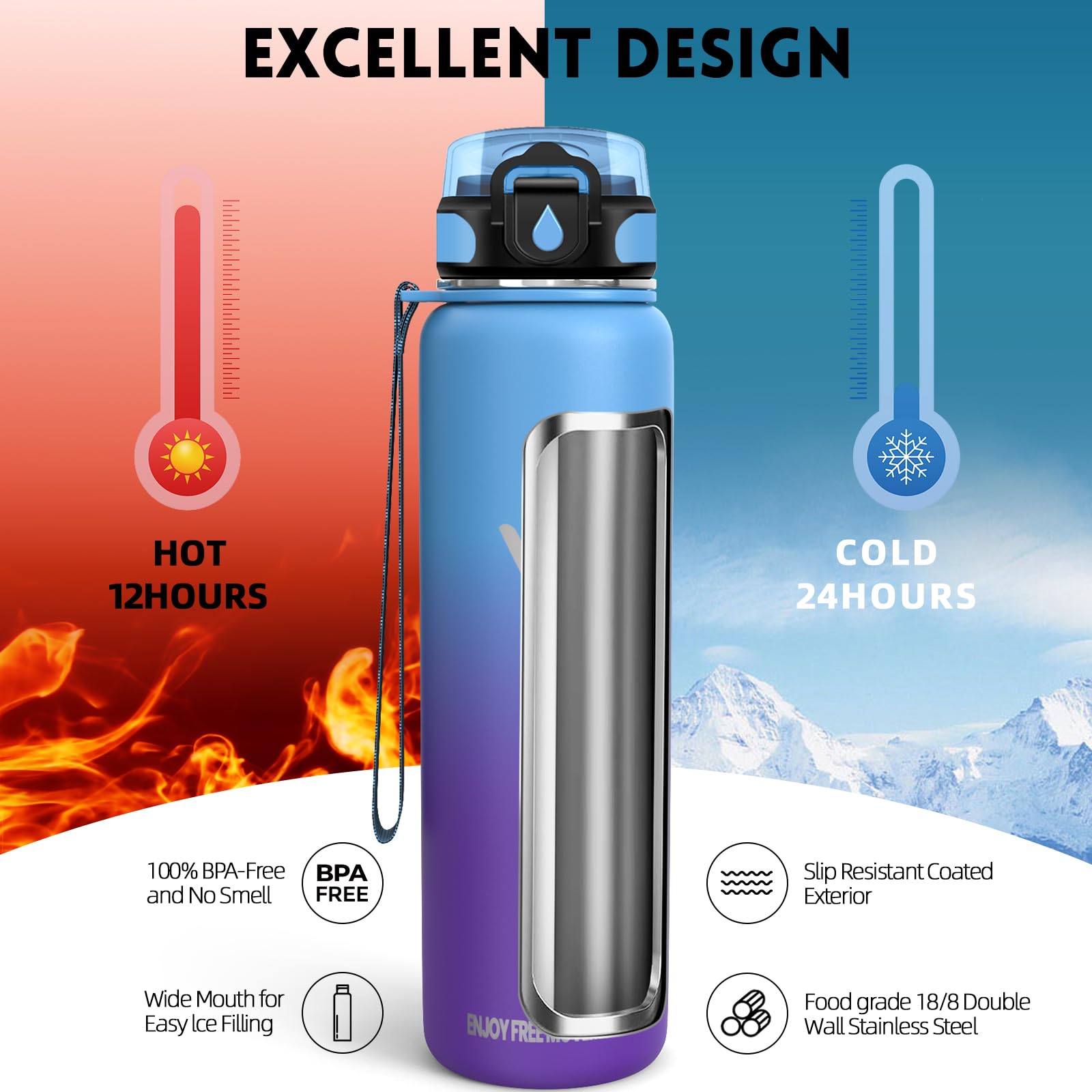 Borraccia Termica 750ml Acciaio Inox - Senza BPA, Isolata, Antigoccia Per Sport E Ufficio