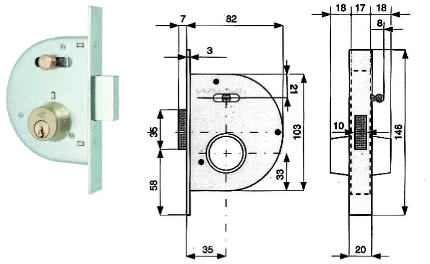 Cerradura puerta de embutir 255 mg bq zinc f.mm 20 c.redonda m1+scr+p e.35 c.50 cf=pz2