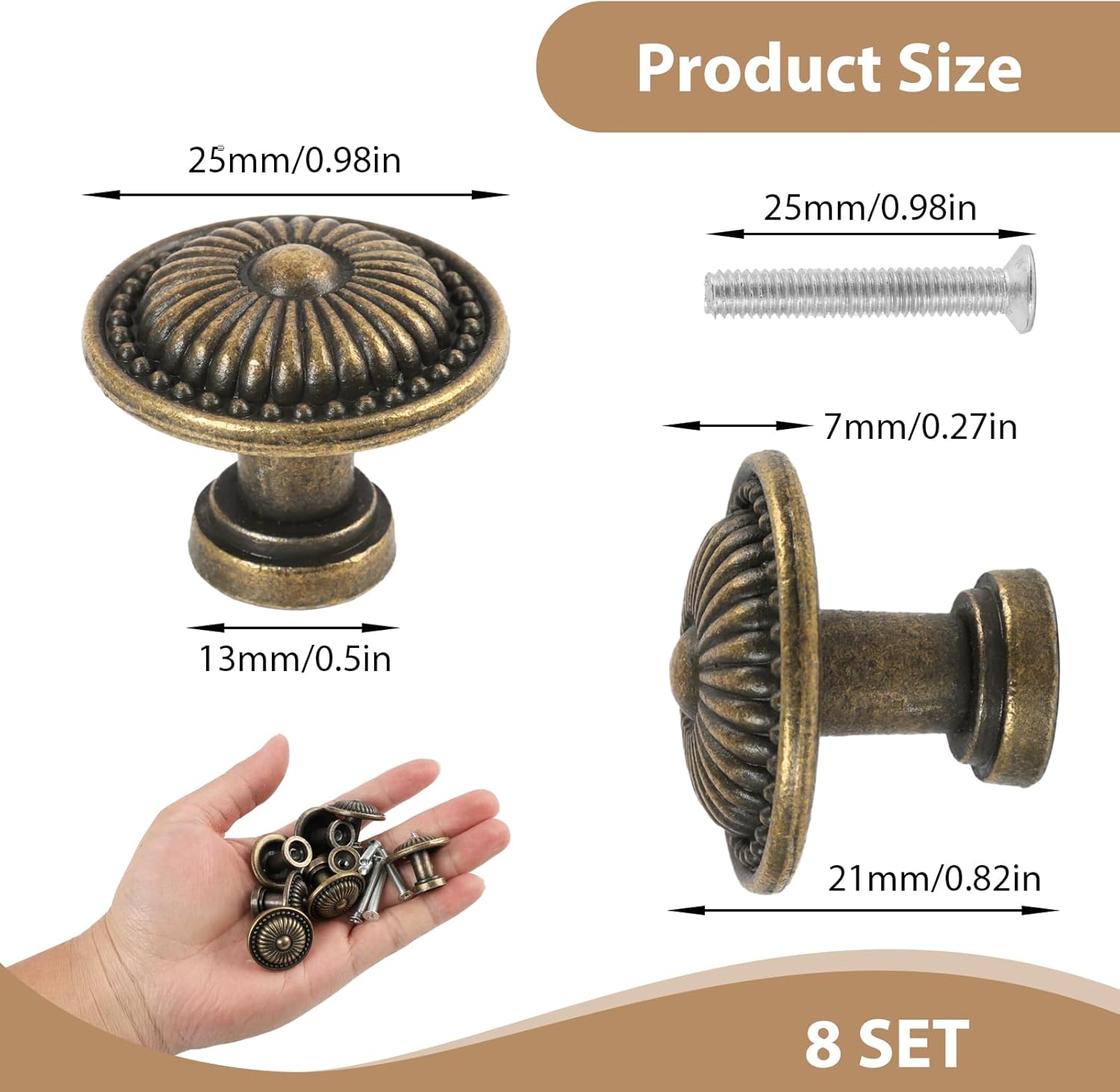 Antyczny uchwyt meblowy, 8 sztuk 26 mm gałek meblowych ze śrubami, gałka meblowa ze stopu cynku w stylu vintage, do kuchni, łazienki, komody