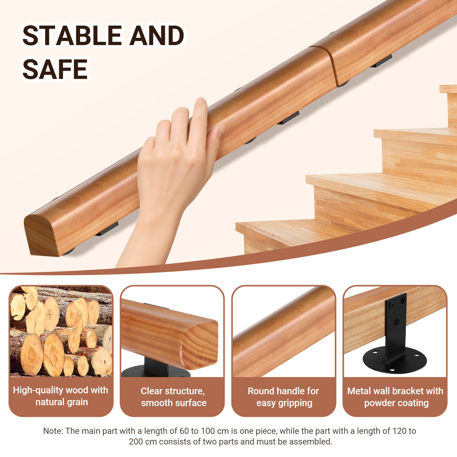 Main courante en hêtre Support tubulaire Garde-corps 180 cm de diamètre Kit pour cave - 3