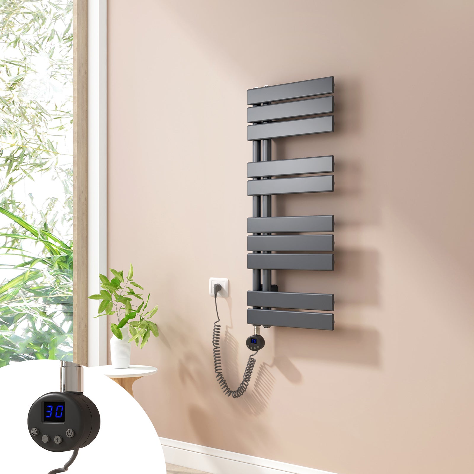 Sèche-Serviettes Électrique 1200x400 Mm, 500W, Thermostat Digital, Minuterie - Radiateur Salle De Bain Anthracite, Installation Murale - 12