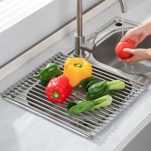 Scolapiatti Da Sopra Lavello Espandibile In Acciaio Inox, 35-46,5 Cm, Con Portautensili E Vassoio Raccogligocce, Per Cucina