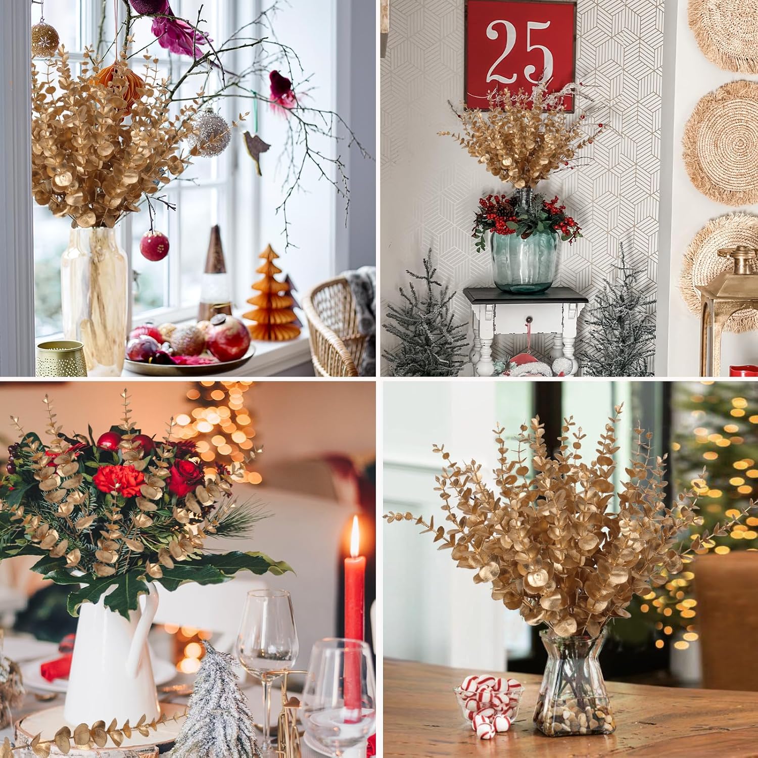 Lot de 24 tiges d'eucalyptus artificielles dorées, fausses feuilles décoratives pour bouquet de mariage, maison, ferme, vase, bricolage - 4