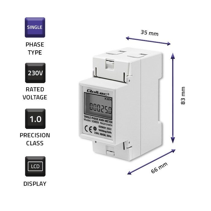 Medidor eletrônico de consumo de energia monofásico Qoltec 50899 | 230V | LCD | 2P | Trilho DIN - 3