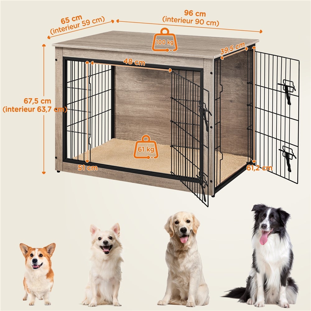 Cage pour Chien en Bois avec 2 Portes Grillagées à Double Serrure et Tapis Pelucheux, Gris Yaheetech - 4