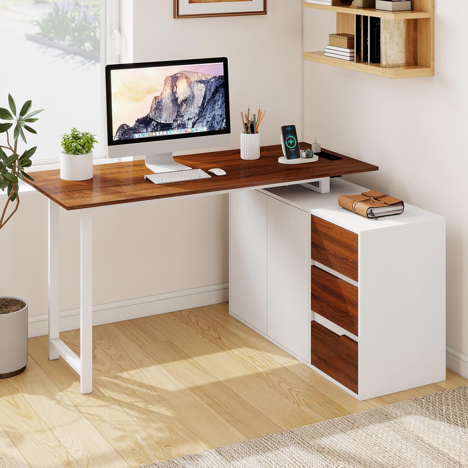 Scrivania A L Reversibile Veelok 122cm Con Prese USB E Ripiani - Scrivania Da Gaming In Legno Massello Per Ufficio E Studio