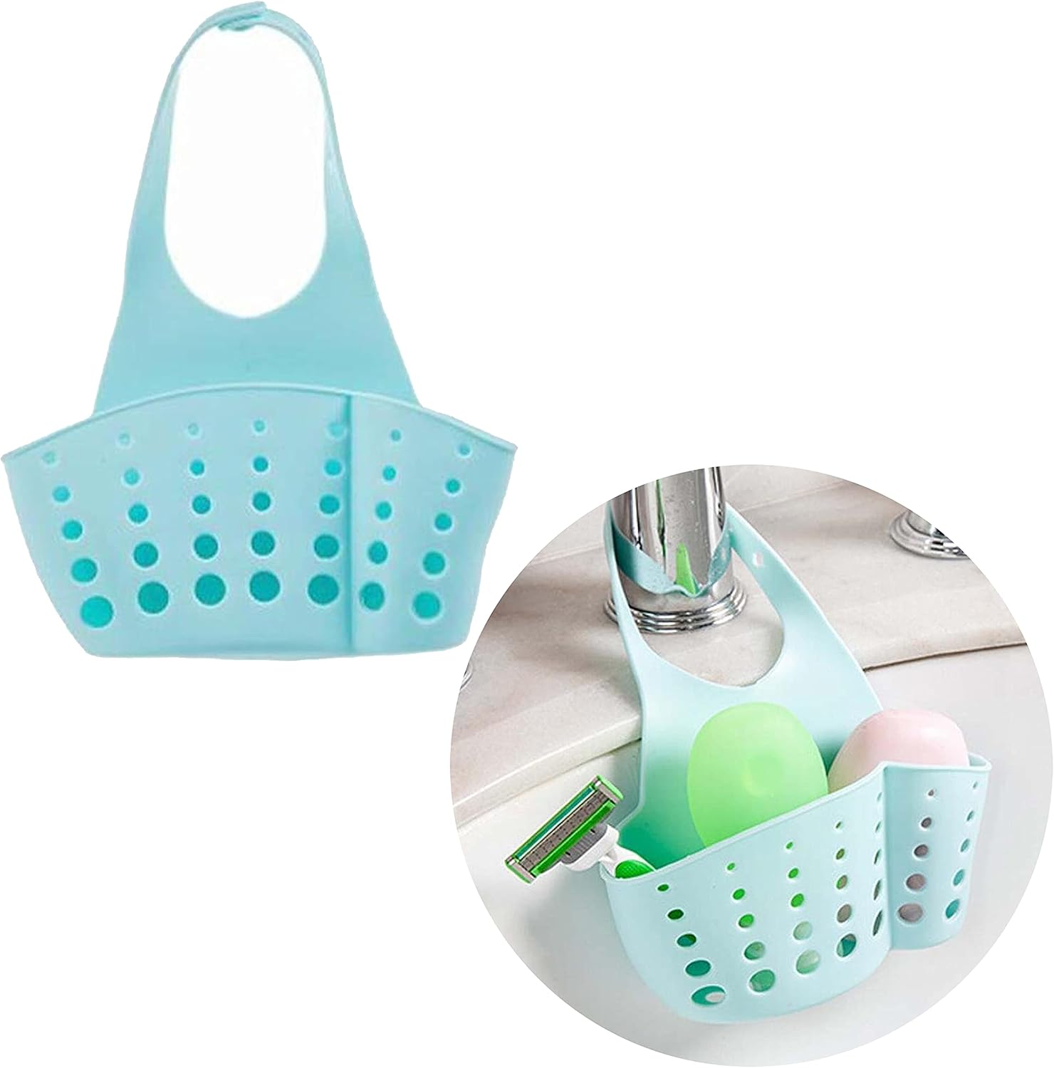 Niebieski wiszący organizer do zlewu z podwójną kieszenią, uchwytem na gąbkę kuchenną, regulowanym paskiem, koszykiem na mydelniczkę i koszyczkiem odp