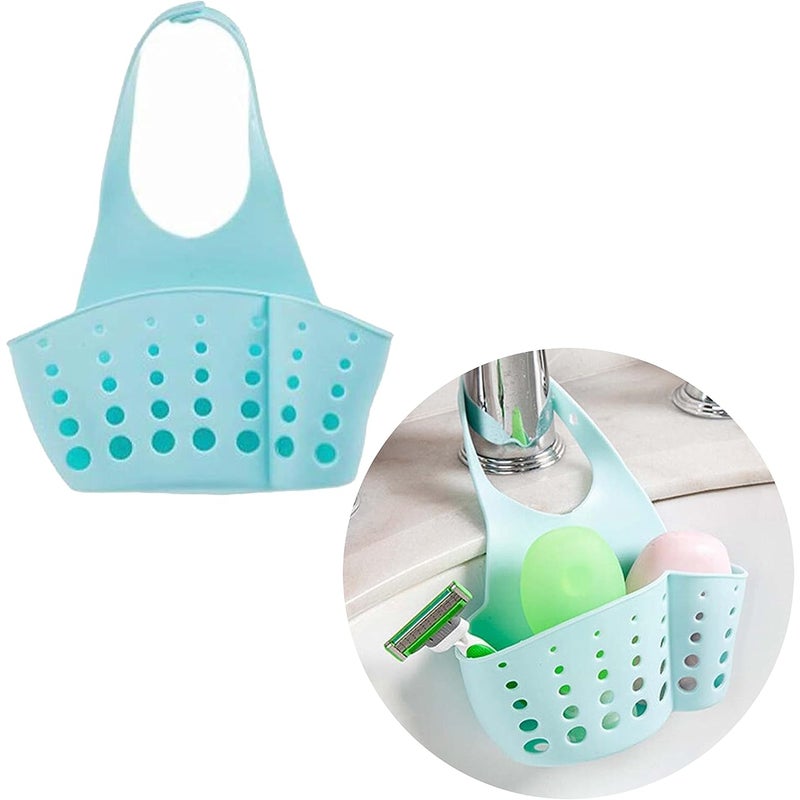 Niebieski wiszący organizer do zlewu z podwójną kieszenią, uchwytem na gąbkę kuchenną, regulowanym paskiem, koszykiem na mydelniczkę i koszyczkiem odp