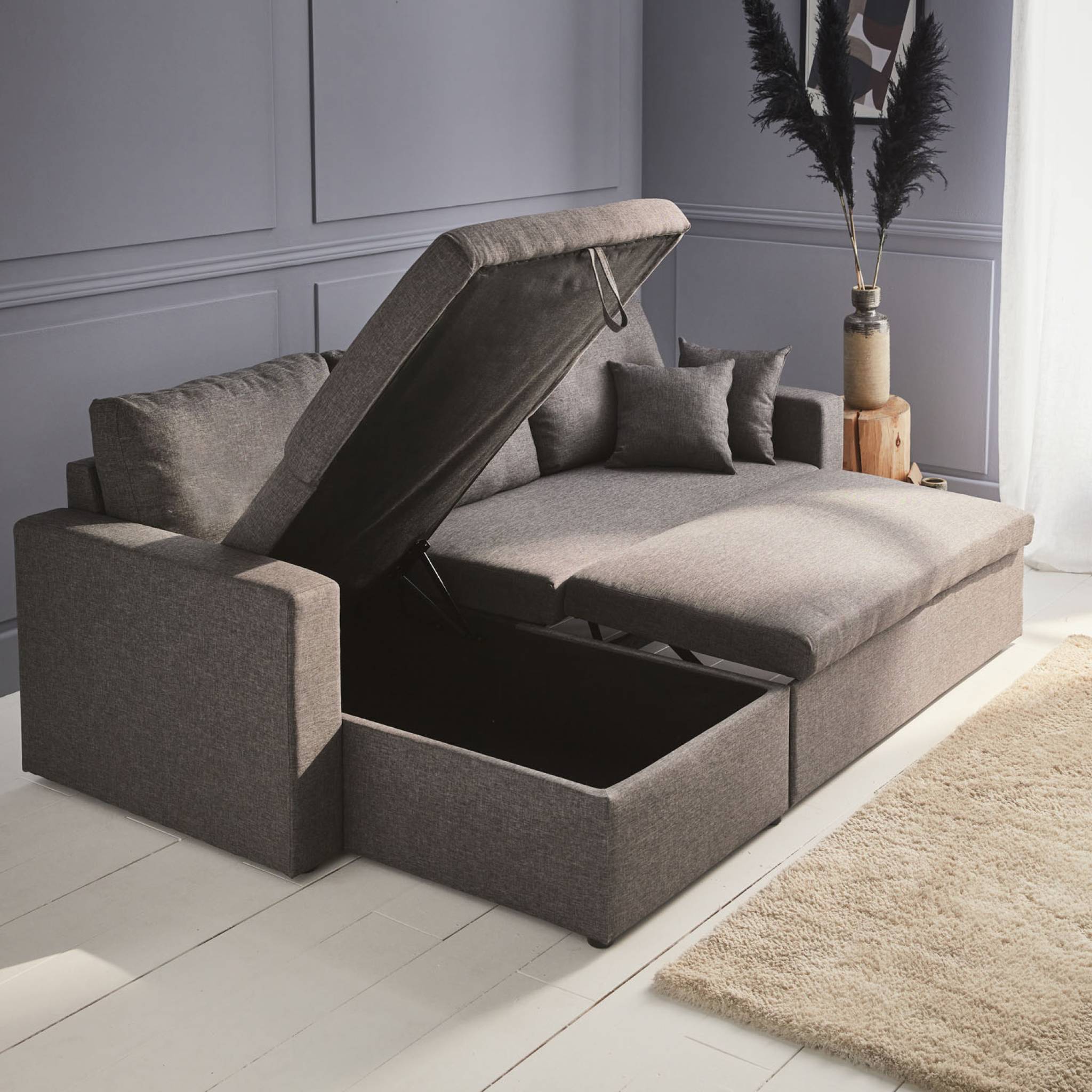 Canapé d'angle convertible en tissu gris chiné foncé - IDA - 3 places. fauteuil d'angle réversible coffre rangement lit - 4