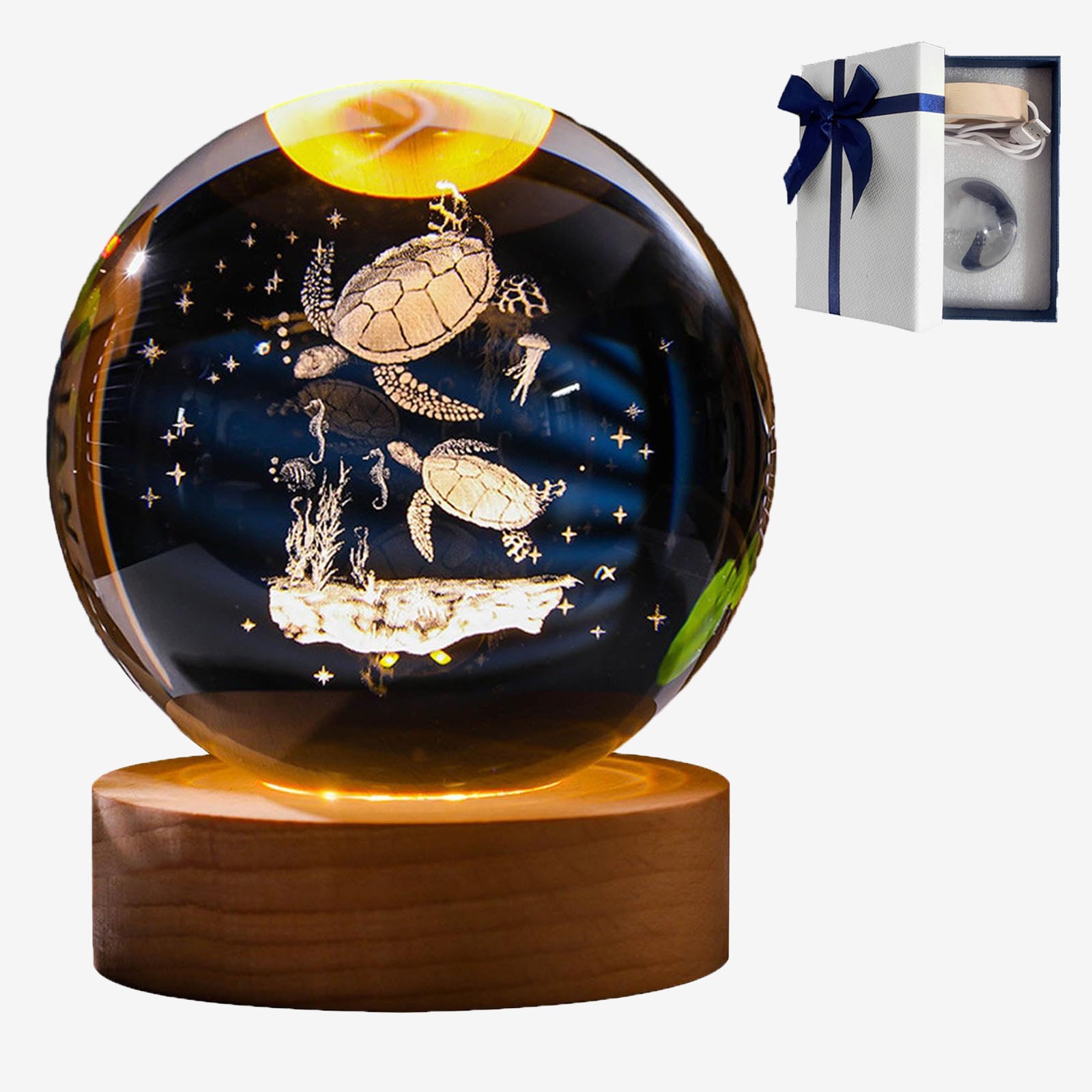 Lampka nocna z kulą kryształową 3D żółw 6 cm, ładowalna, włącznik dotykowy, ciepła podstawa świetlna, odpowiednia dla dzieci i przyjaciół