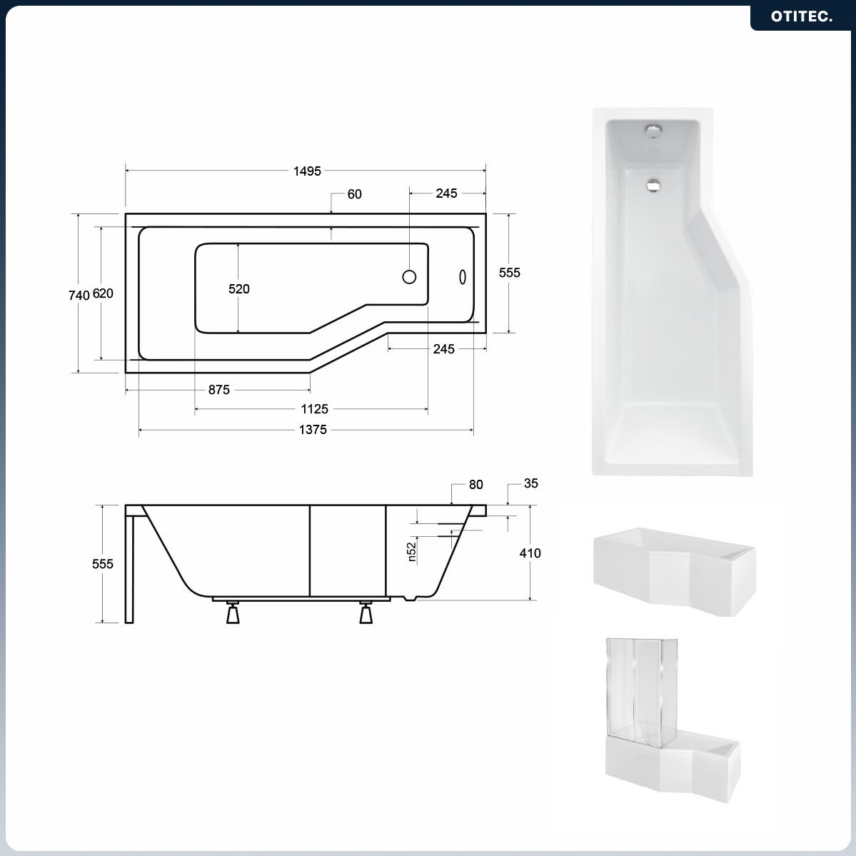 Baignoire asymétrique - 150 x 75 cm - Gauche - sans Habillage - avec Pieds - Vidage Chrome - INTEGRA - 7