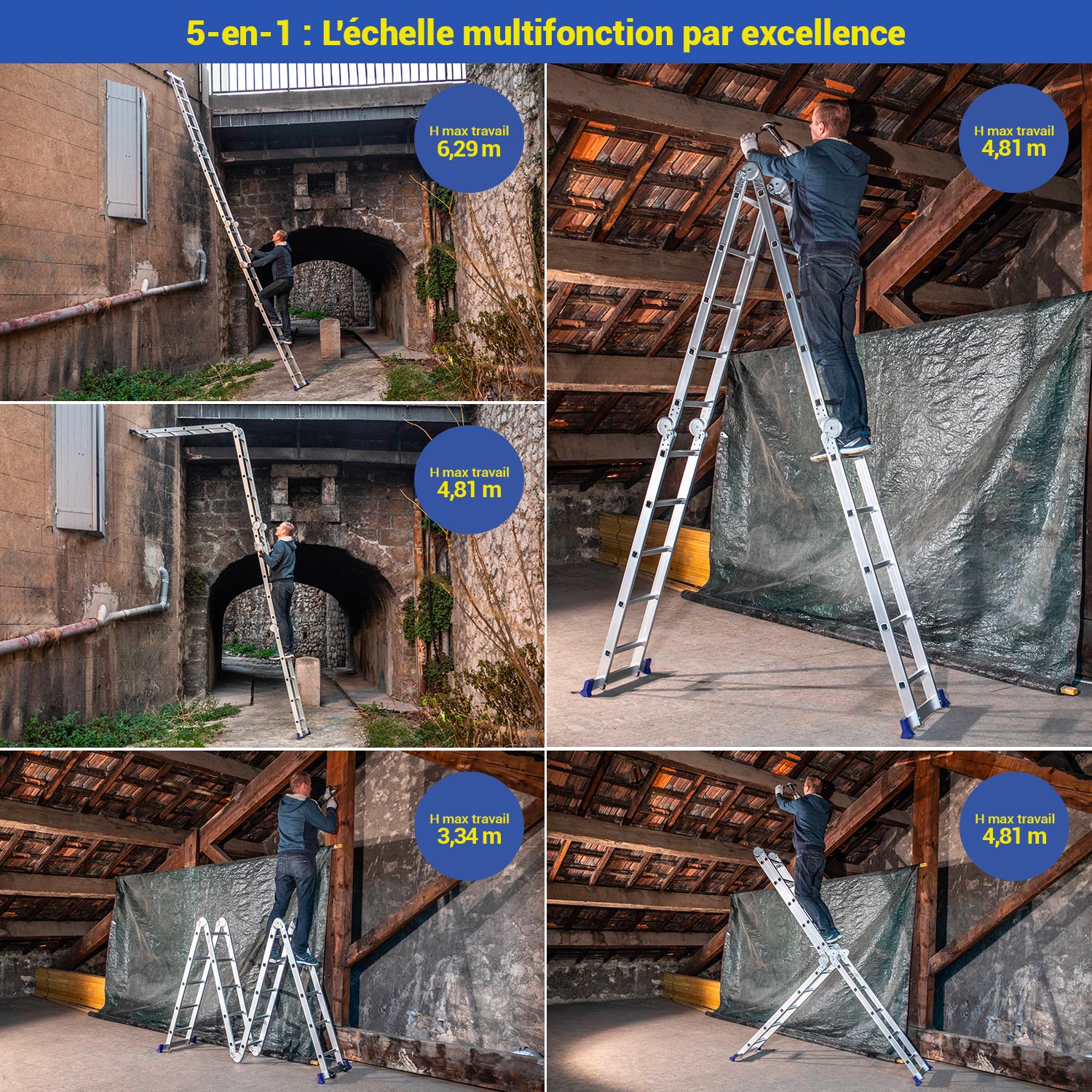 HOSTRÖM Echelle pliante articulée STAVALANCE4x5, 5,7m, 20 marches, multifonction, escabeau, aluminium, H travail max 6,29m, Garantie 5 ans - 2