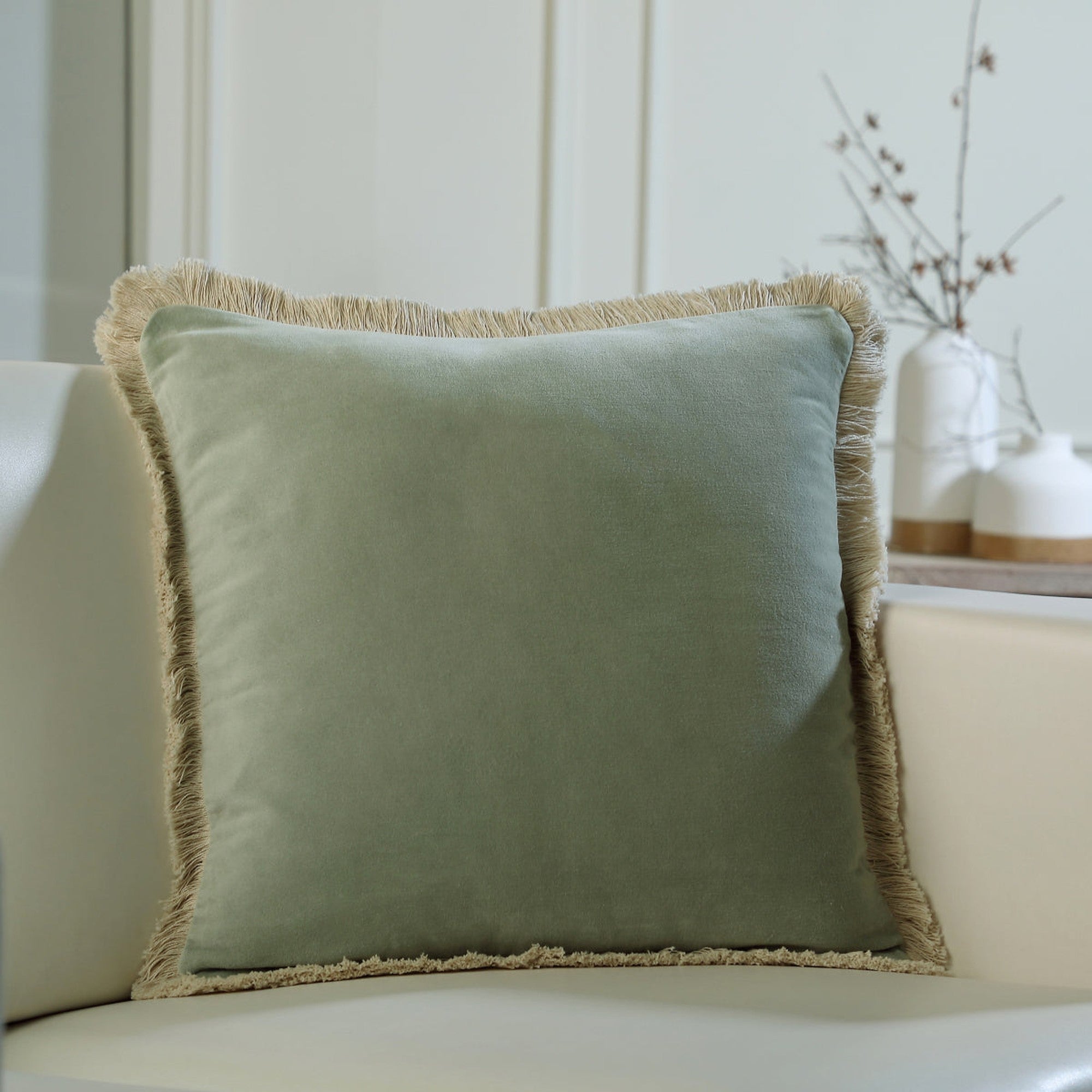 Coussin 50x50 velours de coton vert céladon - 2