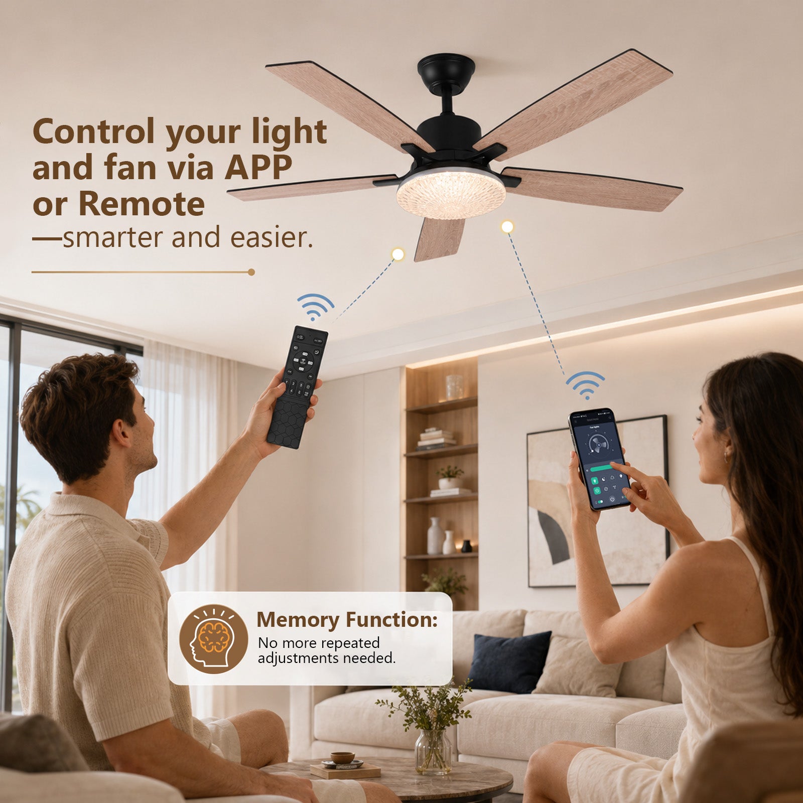 Ventilateur de plafond avec éclairage LED 132 cm 3000K-6500K diffuseur effet cristal pales aspect bois/noir, moteur DC télécommande/appli - 5