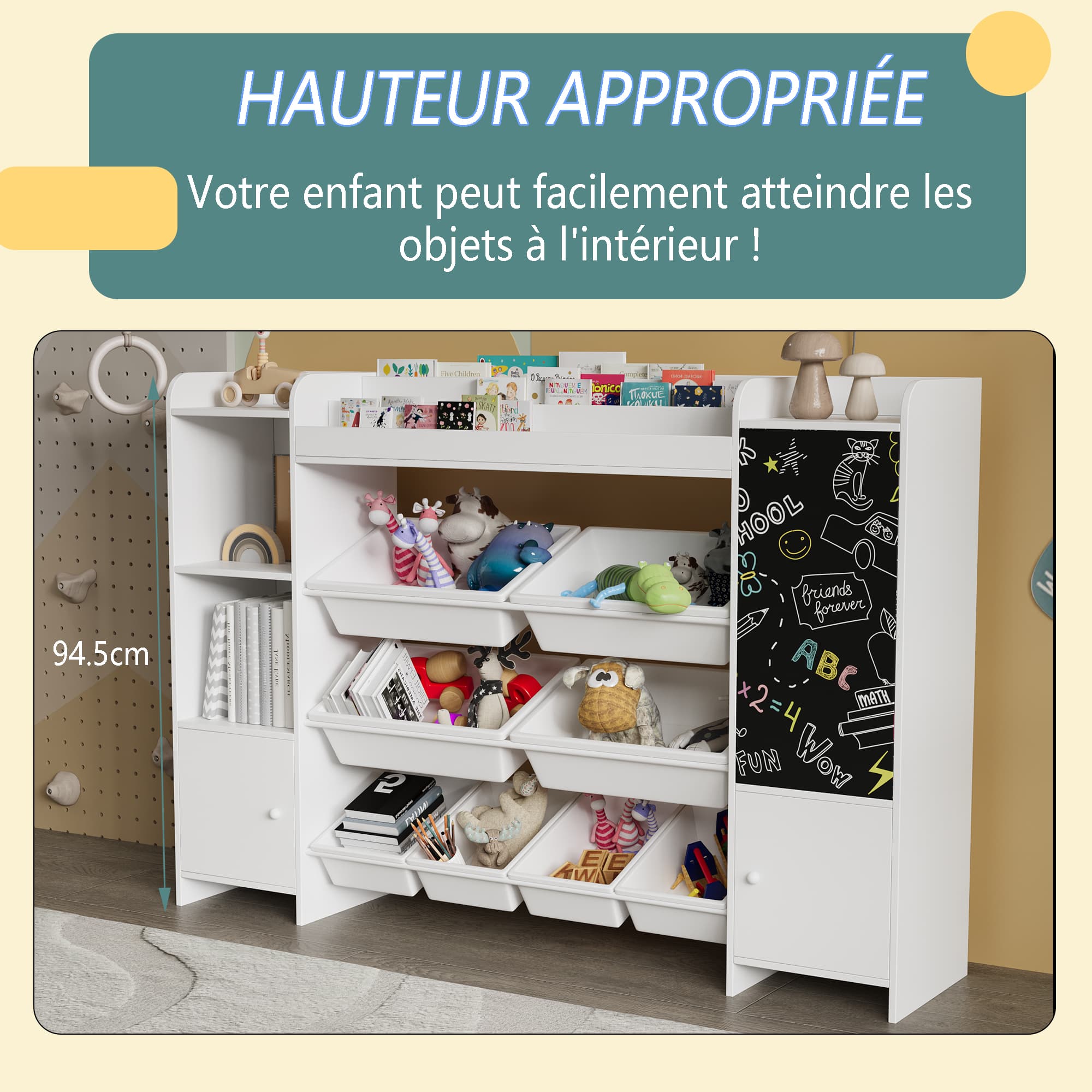 Étagère de rangement jouets enfants 4 niveaux : 100% bois massif (blanc), 8 bacs en plastique + 4 compartiments. - 7