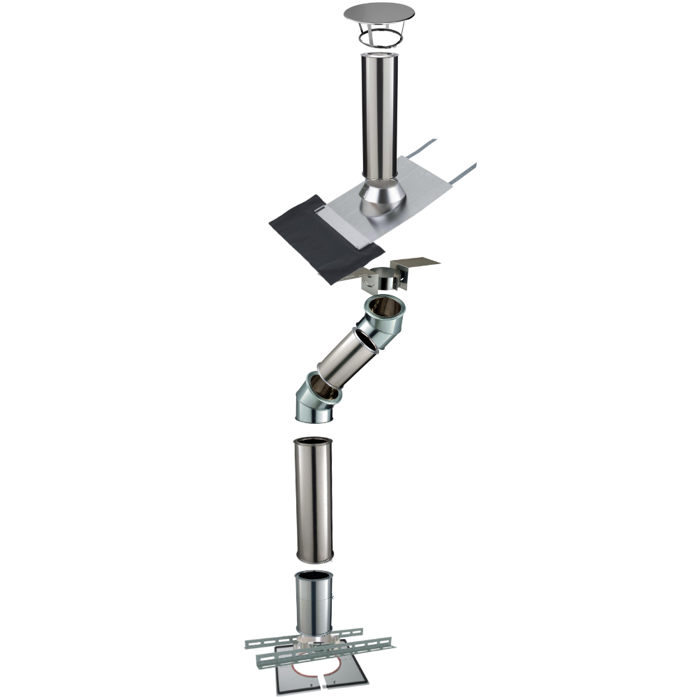 Kit conduit isolé sortie toiture avec dévoiement Inox-Galva et Inox-Inox Ø150 Poujoulat - Déport 53 cm / Longueur 318 cm - 2