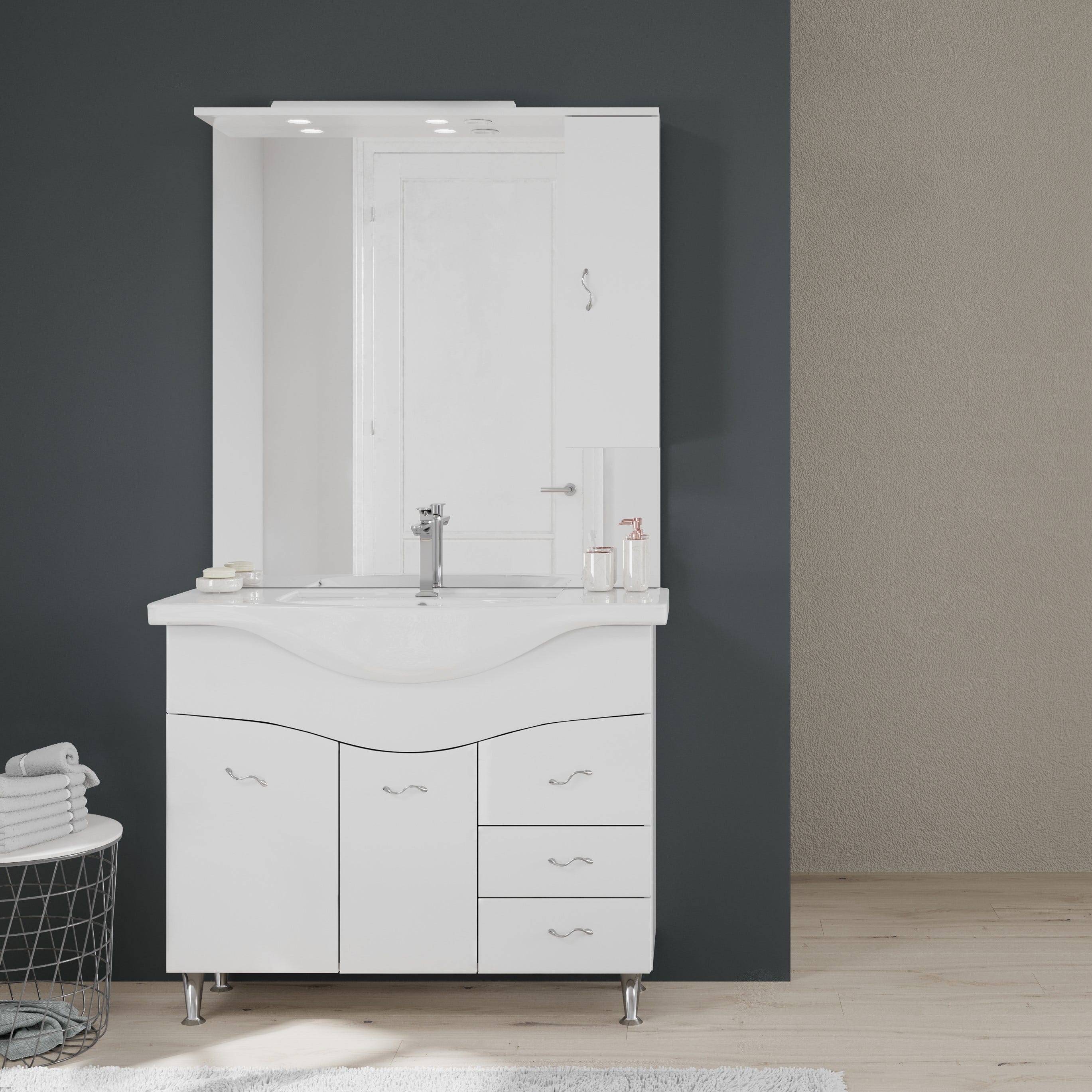 Meuble salle de bain 105 cm classique avec lavabo et miroir | Easy - 2