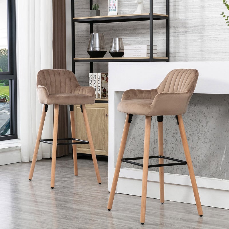 Stołek barowy ELEANA - Welur i metal imitujący drewno- Kolor beżowy