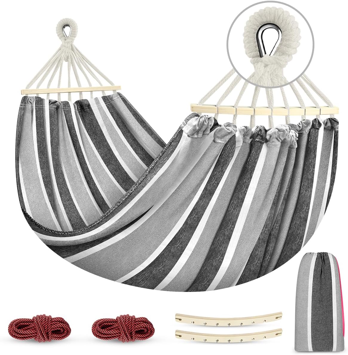 Przenośny hamak kempingowy z materiału z dwiema belkami antypoślizgowymi, idealny na kemping i zajęcia na świeżym powietrzu (szary)