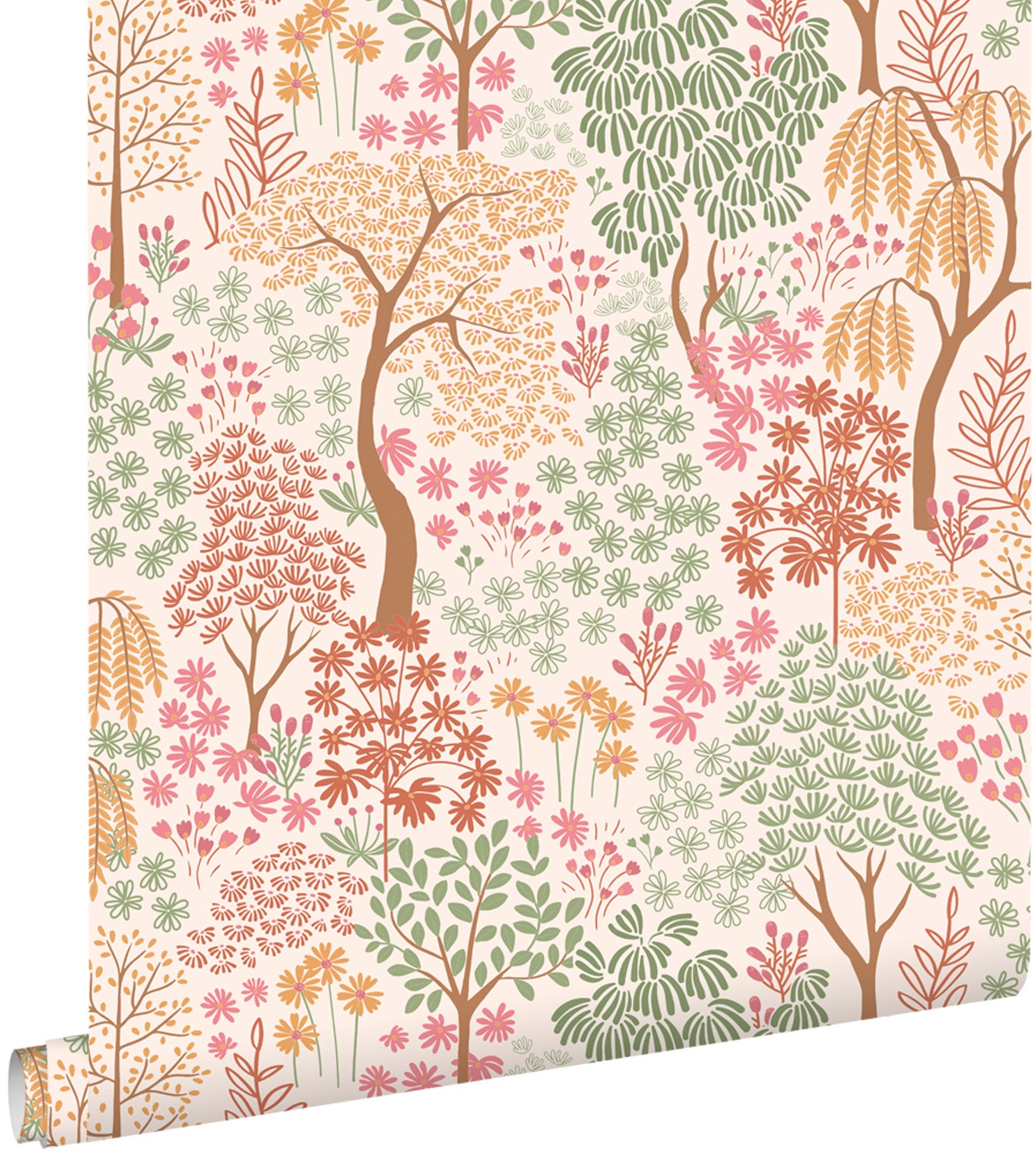 Tapeta drzewa i kwiaty terakota,różowymIzielonym - 50 x 900 cm - ESTAHOME