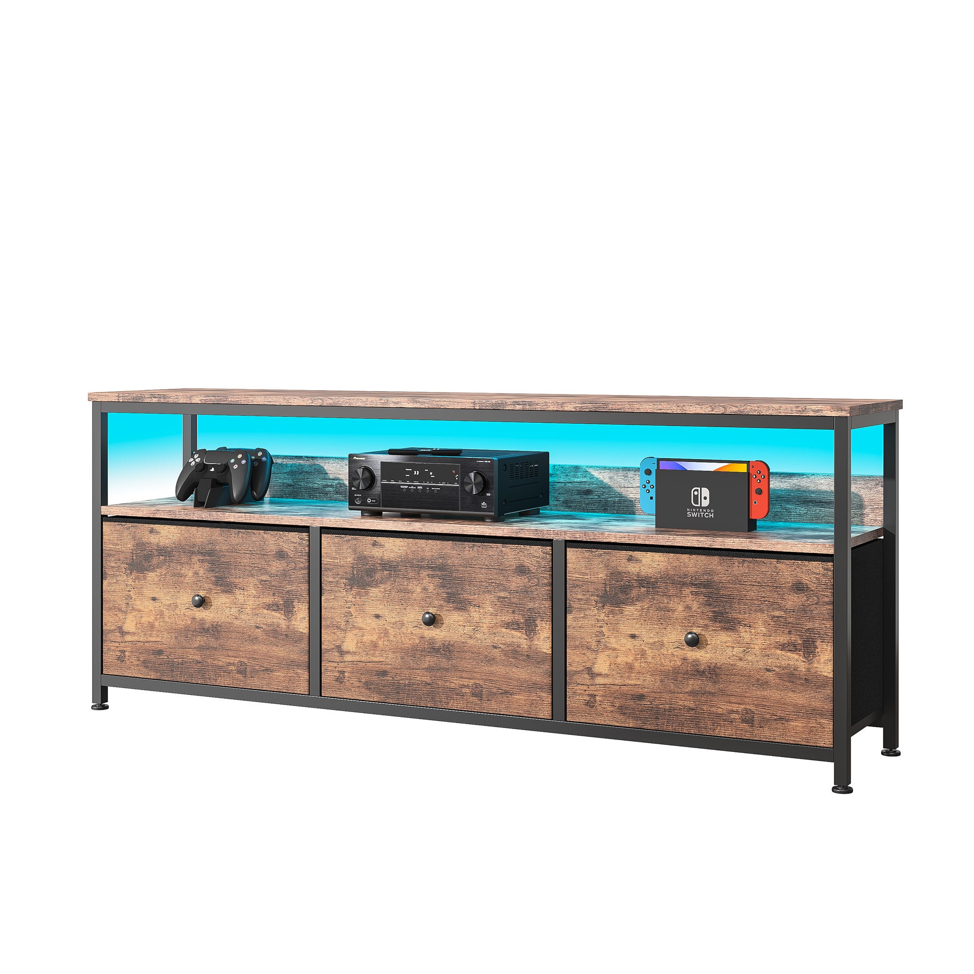 Meuble TV de 108 cm avec éclairage LED, équipé de 3 tiroirs et d'une étagère ouverte, pour le salon ou la chambre, couleur marron - 7