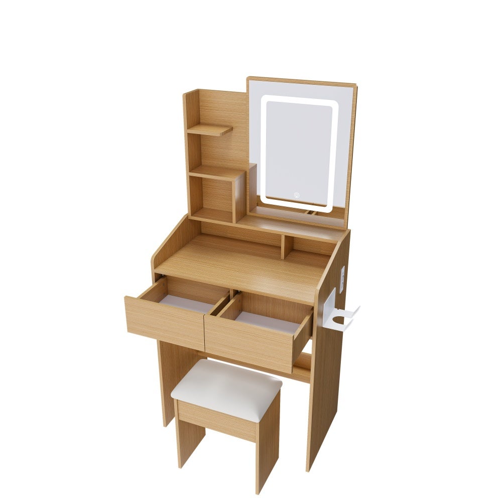 Coiffeuse LED MDF couleur bois naturel 60x36x130 cm miroir éclairé USB tiroirs tabouret rembourré - 9