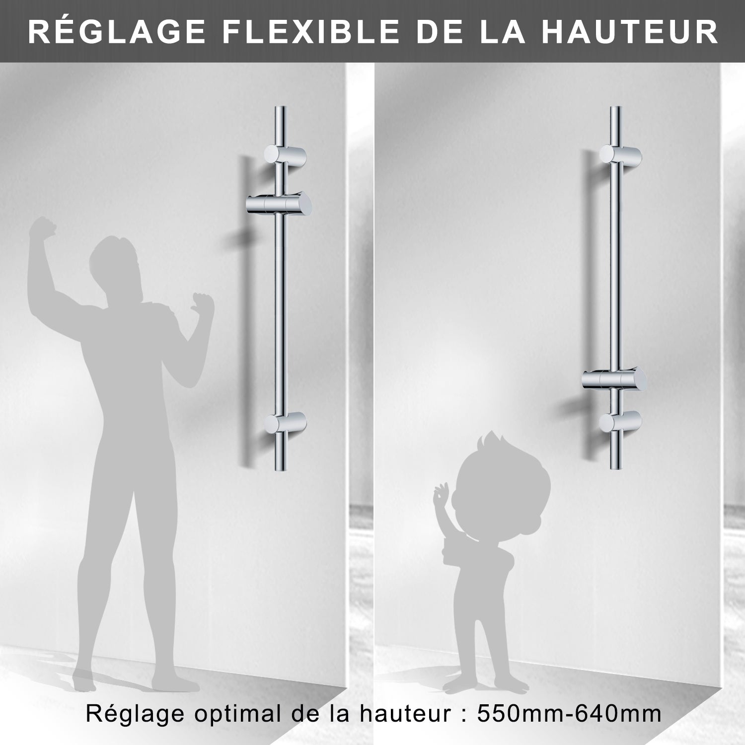 Barre de douche Chromé 70cm, Barre de douche en acier inoxydable avec Support de pommeau de douche pivotant à 360° - Fixations murales ajustables - 4
