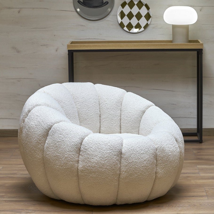 Fauteuil rond coquillage en tissu bouclette crème Alix - 2