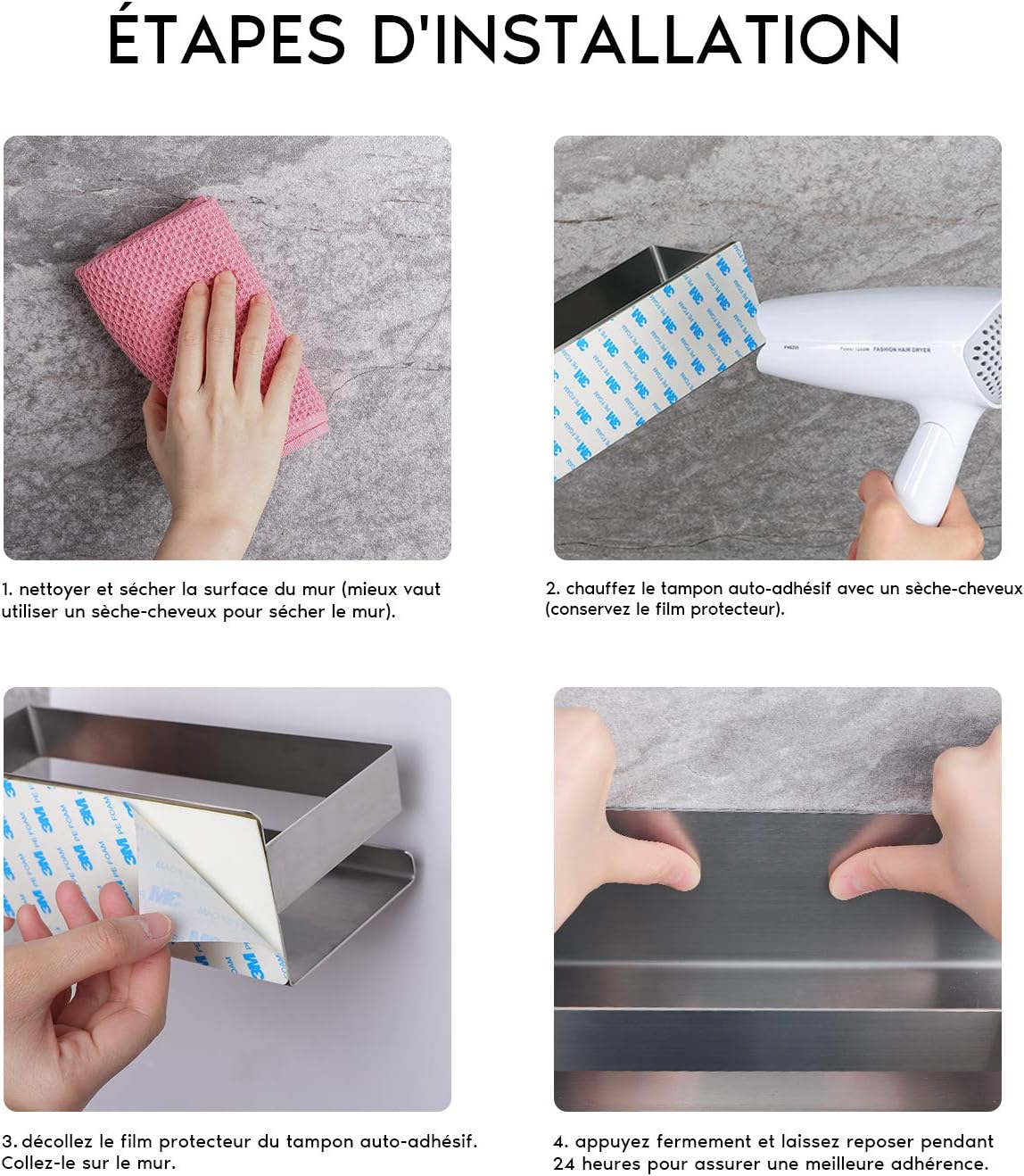 Cesta de chuveiro autoadesiva para chuveiro sem perfuração SUS304 prateleiras de banheiro de aço inoxidável - 6