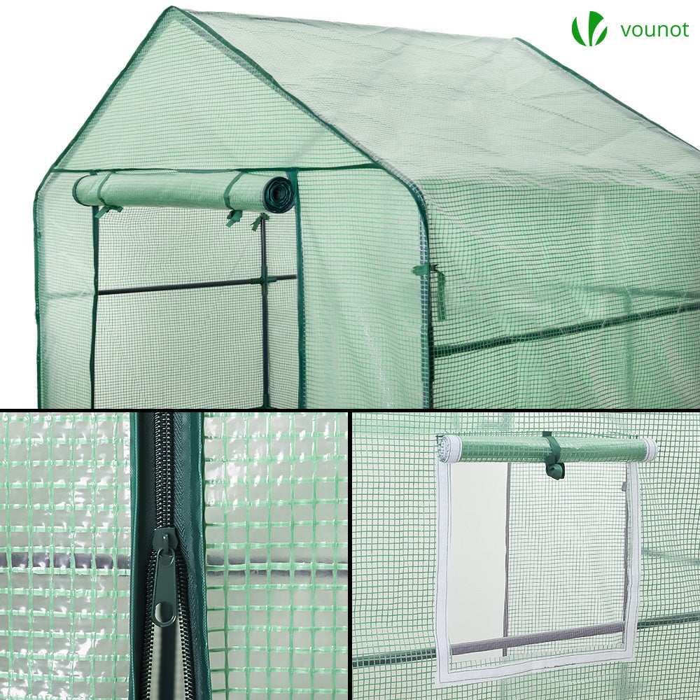 Serre de jardin avec étagères 143x143x195cm vert - bâche renforcée 135g/m², fenêtre moustiquaire, porte enroulable zippée - VOUNOT® - 5
