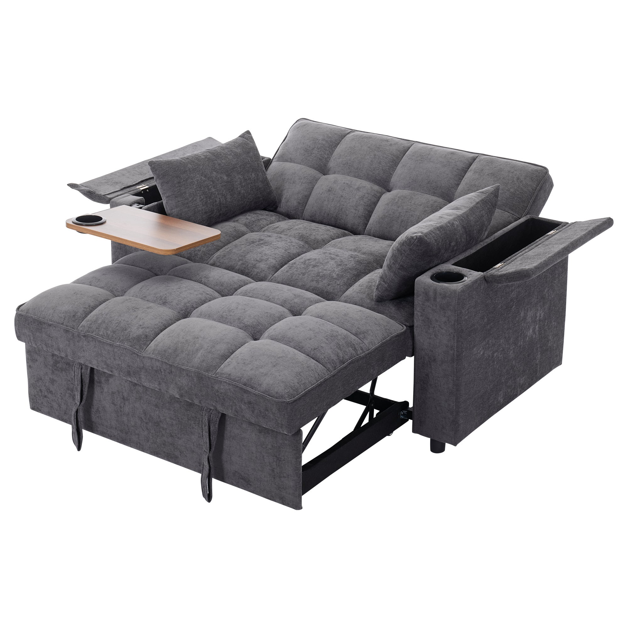Canapé convertible 2 personnes 140.5x74x82 cm - Dossier réglable - Port USB - Porte-gobelet - Petite table d'appoint - Gris - 7