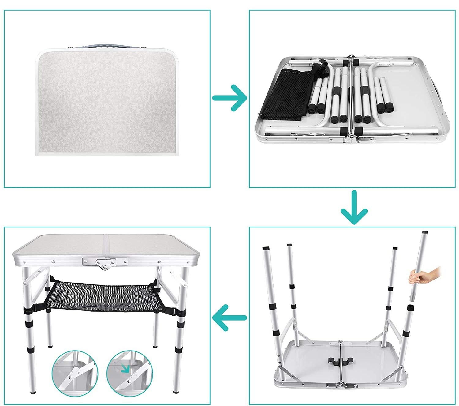 Table de camping pliable petite taille, 60 x 40cm, en aluminium, pieds réglables en hauteur, pour intérieur, extérieur, pique-nique et camping - 4