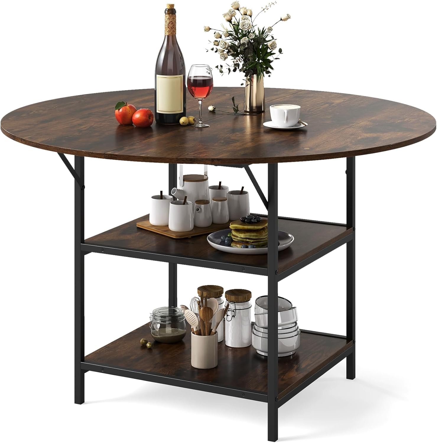 Okrągły Stół do Jadalni 120 cm, Stół do Jadalni z Miejscem do Przechowywania, dla 4-6 Osób, Metalowa Rama, Salon, Restauracja (Brązowy)