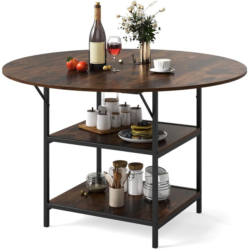 Okrągły Stół do Jadalni 120 cm, Stół do Jadalni z Miejscem do Przechowywania, dla 4-6 Osób, Metalowa Rama, Salon, Restauracja (Brązowy)