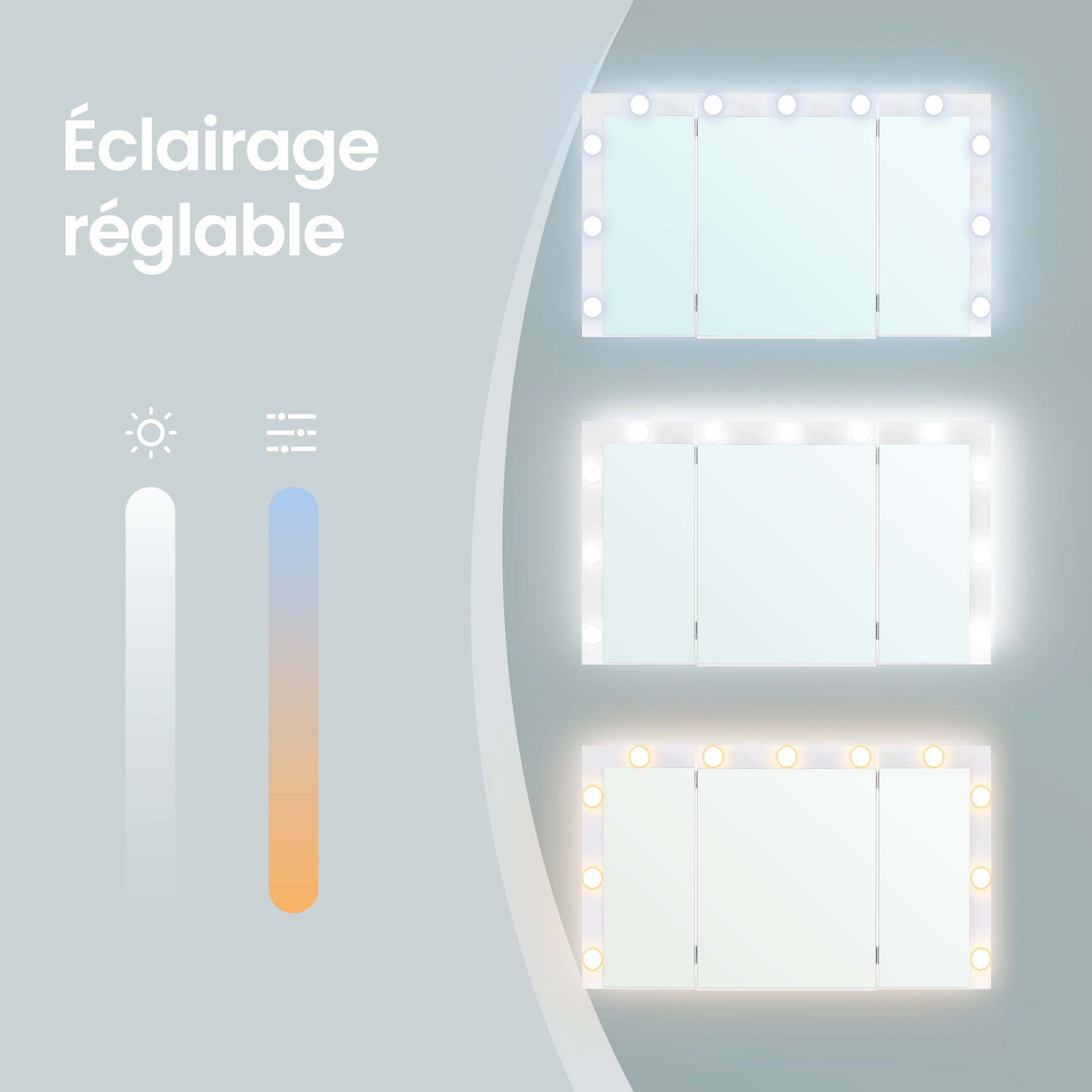 Table de Maquillage avec 9 Tiroirs, Miroir Triple Pliable, Éclairage LED 3 Couleurs, Chambre, Multiprise Intégrée, Blanc - 7