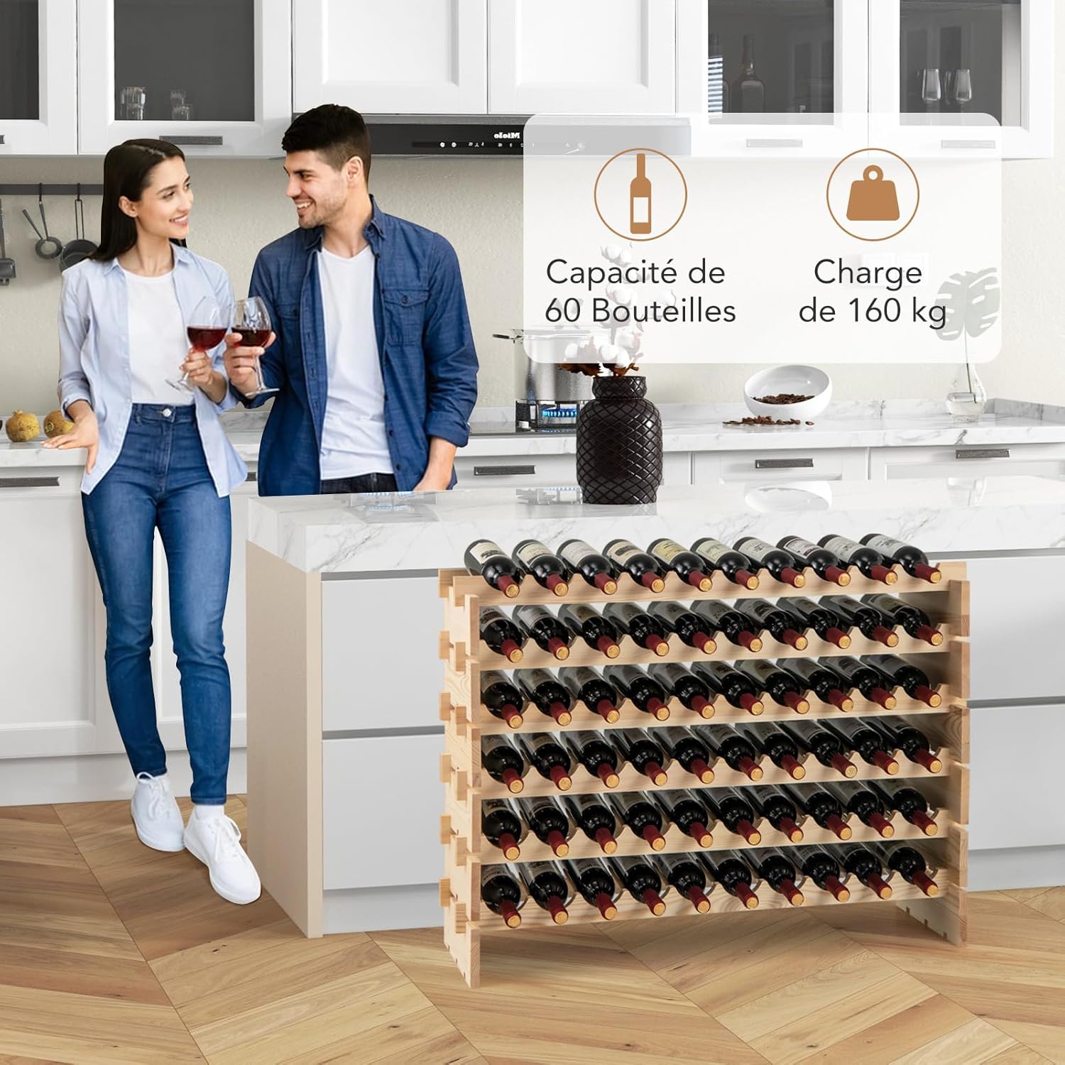 Botellero Vino 60 Botellas, Botellero Apilable de Madera, Estante de Almacenamiento de Vino de 6 Niveles para Suelo para Cocina, Bodega y Bar, - 2
