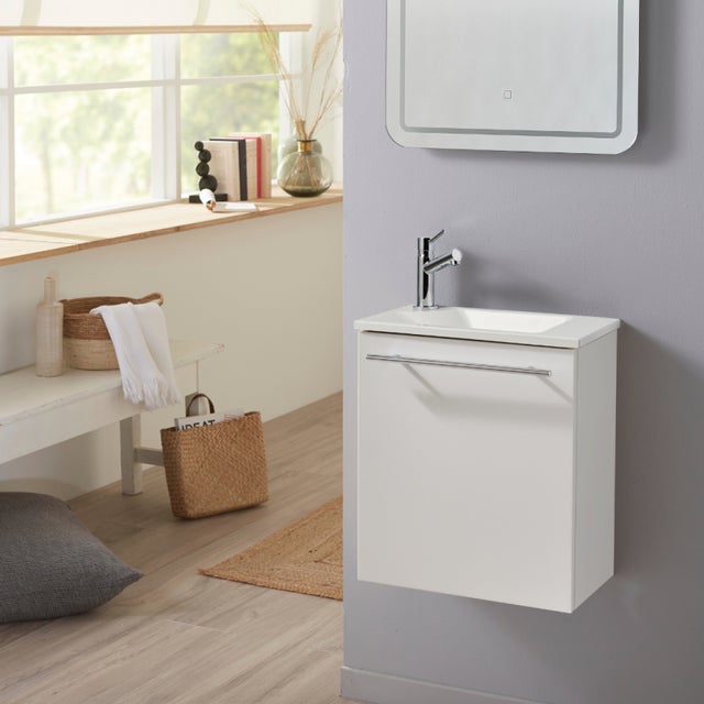 Pack lave-mains Blanc mat avec vasque design blanche - Robinetterie Eau froide à gauche - L.42.5 X H. 48.6 cm - Hanos