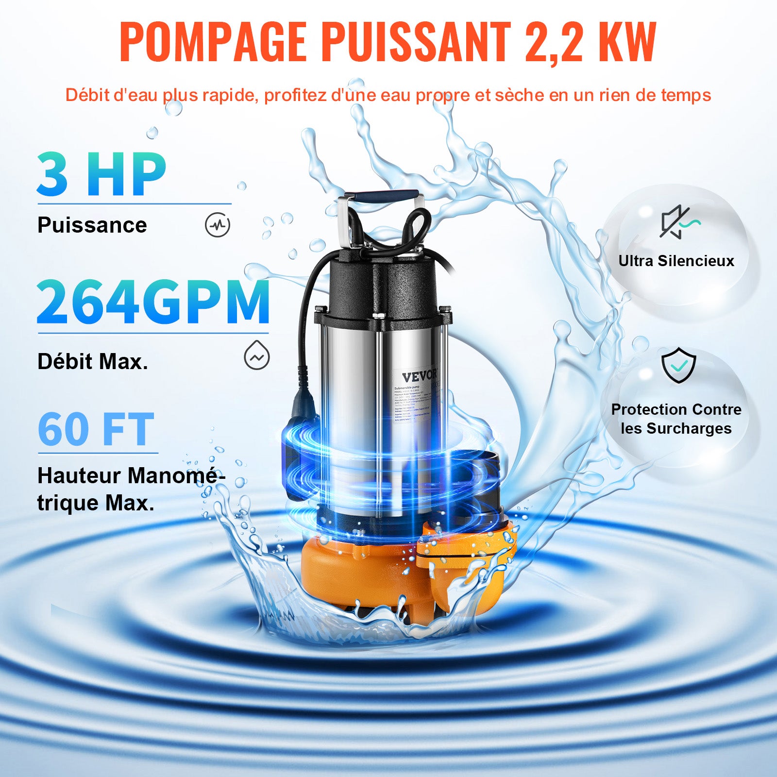 Pompe Relevage Eaux Chargées VEVOR 2200 W Pompe d’évacuation Eaux Chargées,1000 L/min Pompe Vide Piscine Cave Fosse Septique Pompe Immergée - 3