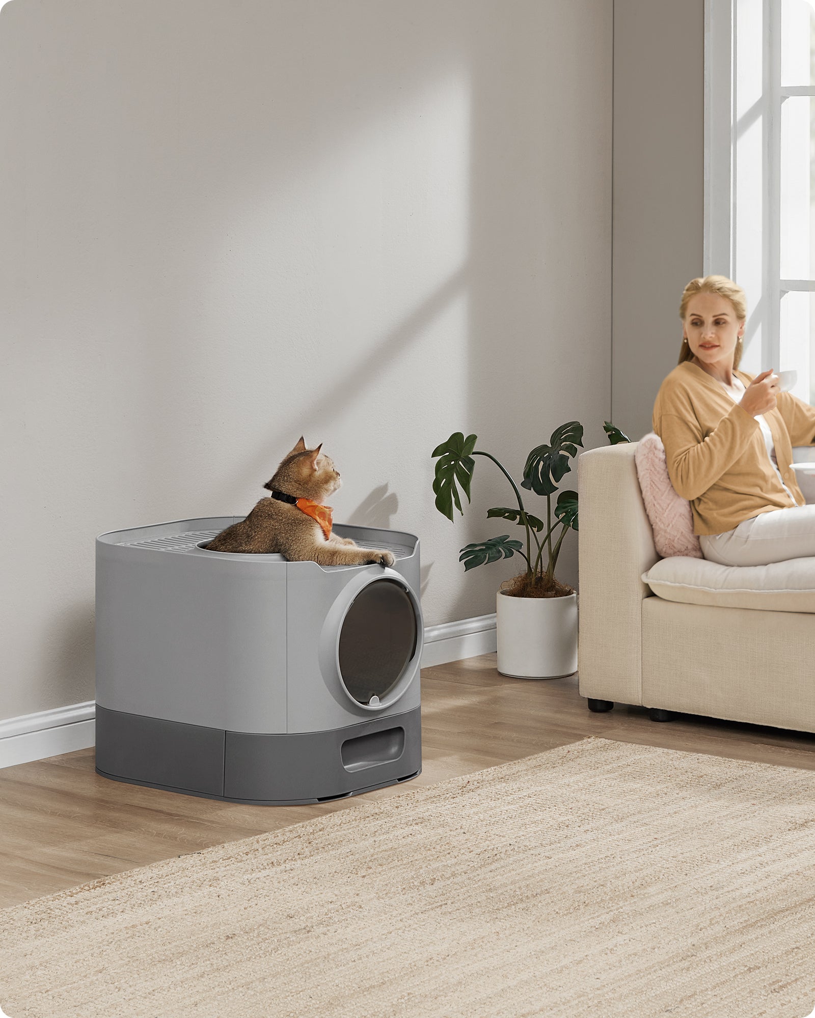 Arenero Cerrado para Gatos XXL, con Tapa, Bandeja Extraíble, Recogedor, Cepillo, Antipérdida, Gris - 2
